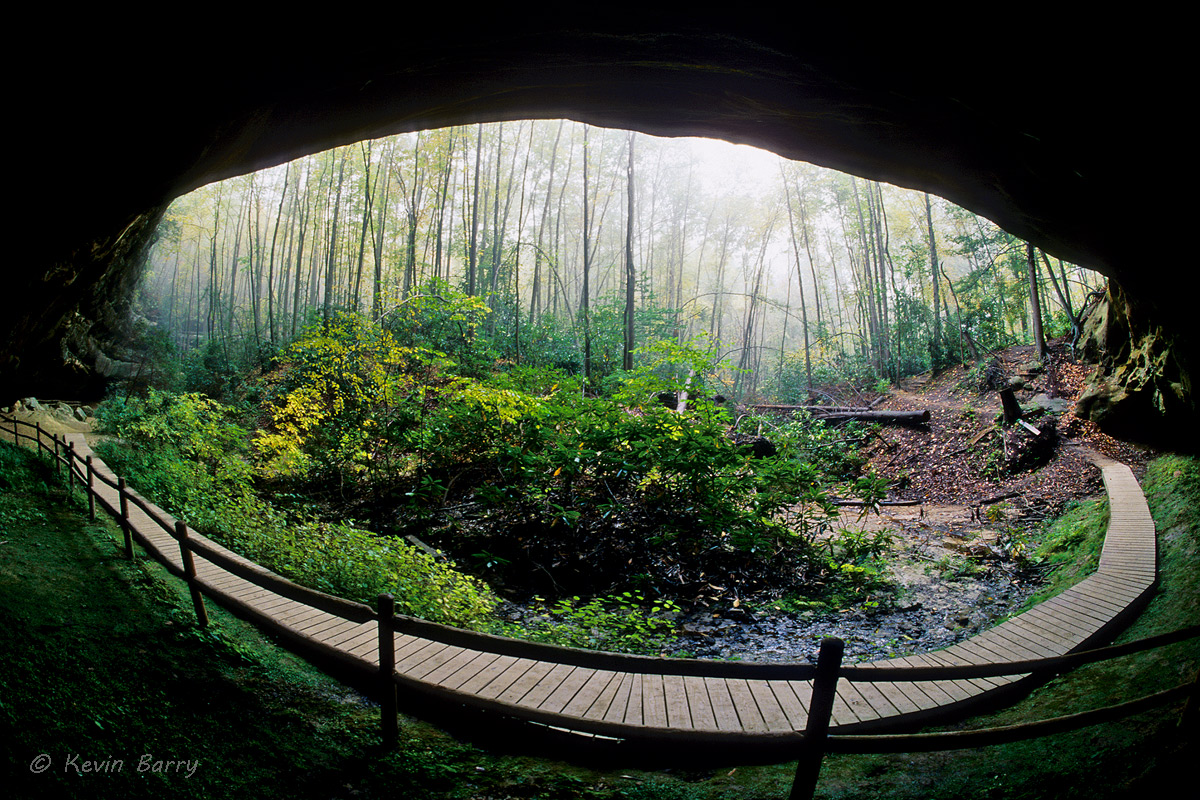 Hazard Cave, Pickett State Park, Jamestown, Tennessee, horizontal, fisheye view, wide angle, fog, south, southern, day, exterior...